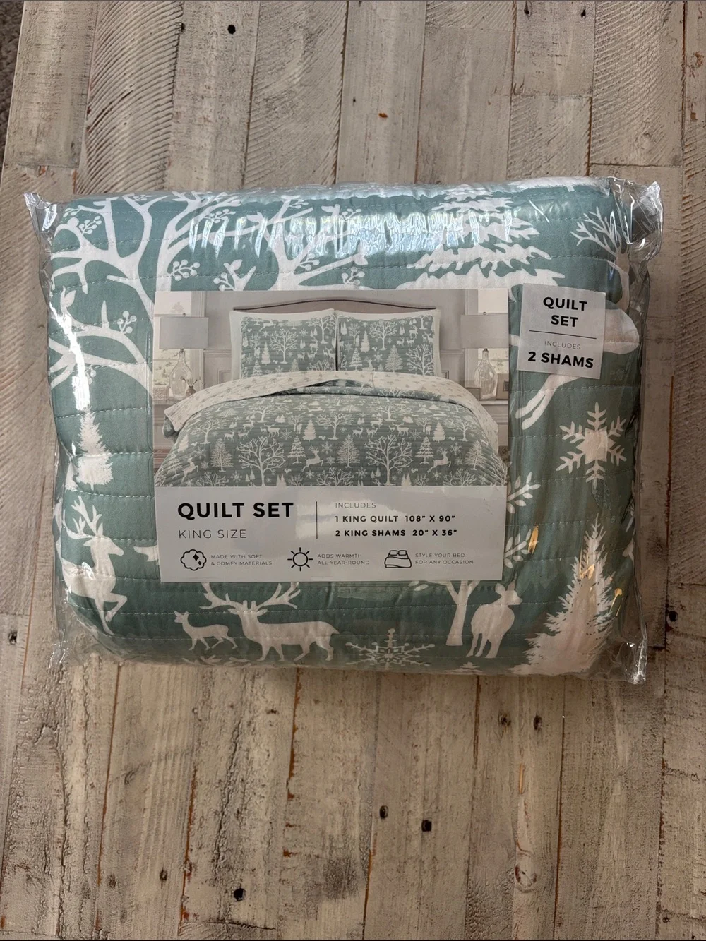 Winter Enchanted Woods Quilt Set Sage Green Woodland Pattern (Includes 2 Shams)